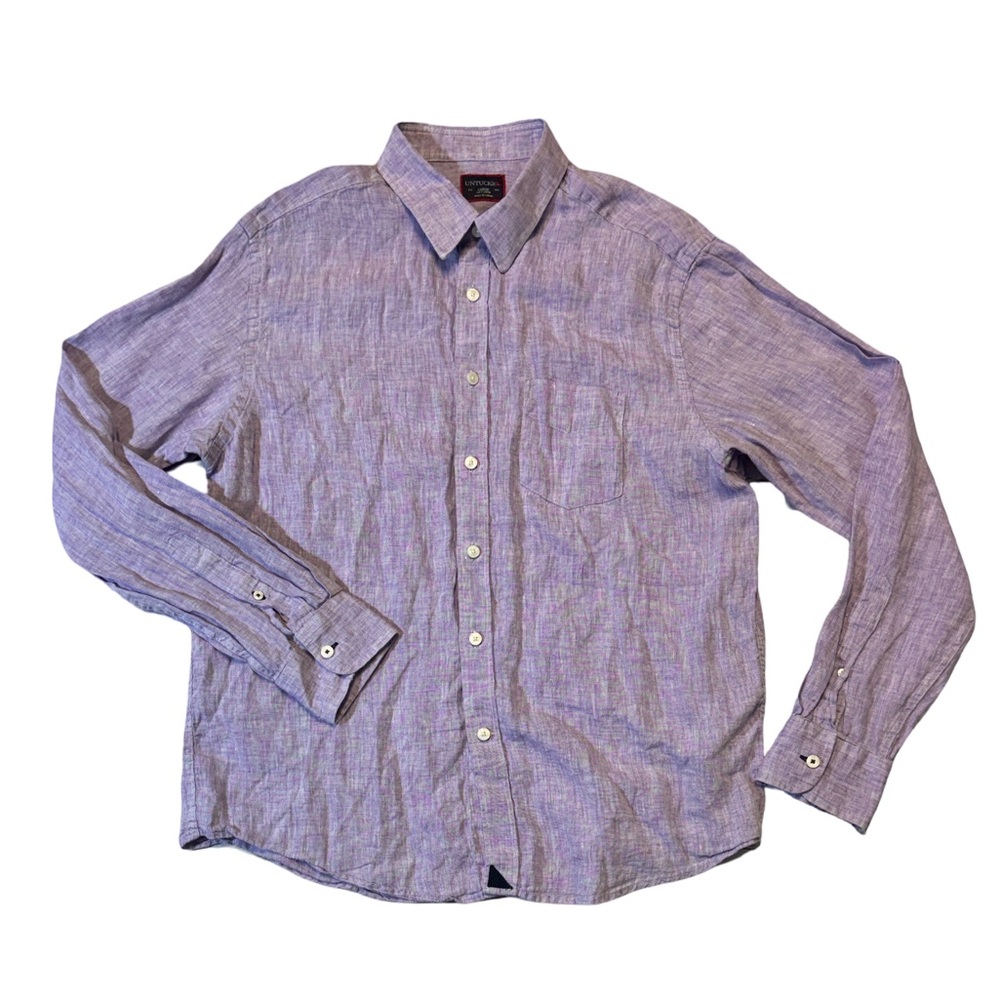 UNTUCKit L Large lavender purple solid regular fit 100% linen button up shirt